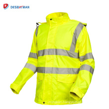 Mens High Visibility Waterproof Jacket Roadway Security Raincoat with Reflective Strips and Pockets Winter